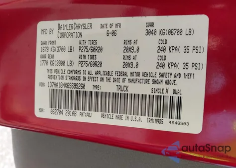 2006 Dodge Ram 1500 Slt from USA, damaged, VIN 1D7HA18NX6S699260